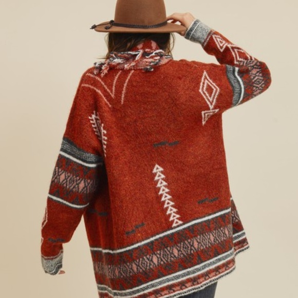 New Native Print Fringed Blanket Cardigan Sweater - Picture 4 of 6